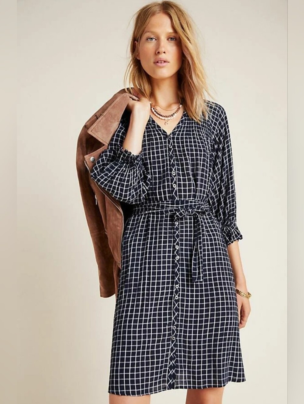 Anthropologie Maeve Sara Smocked Shirt Dress Navy Blue White Large